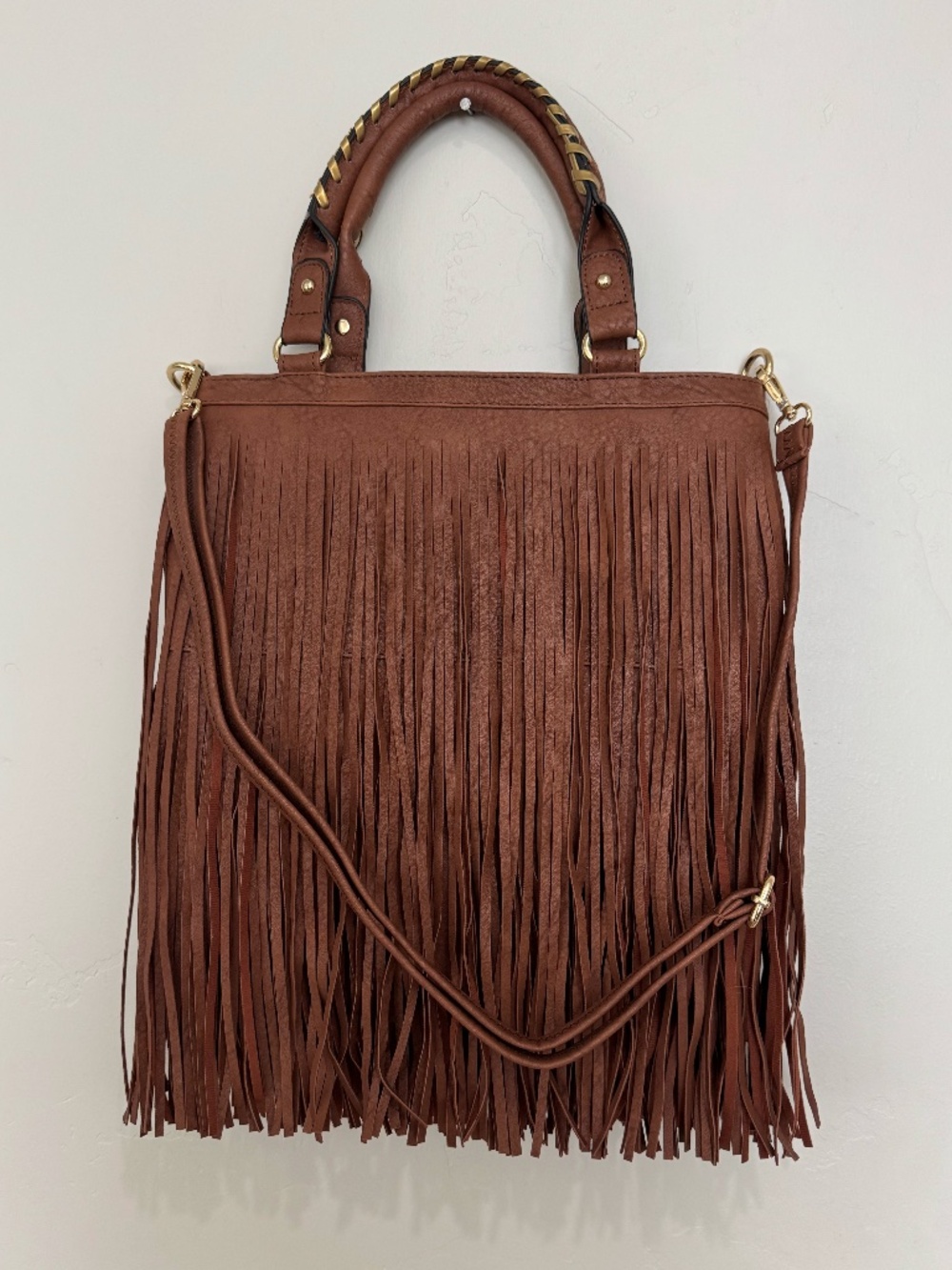 Vegan Leather Fringe Bag With Crossbody Strap Brown Faux Leather Donna Salyers
